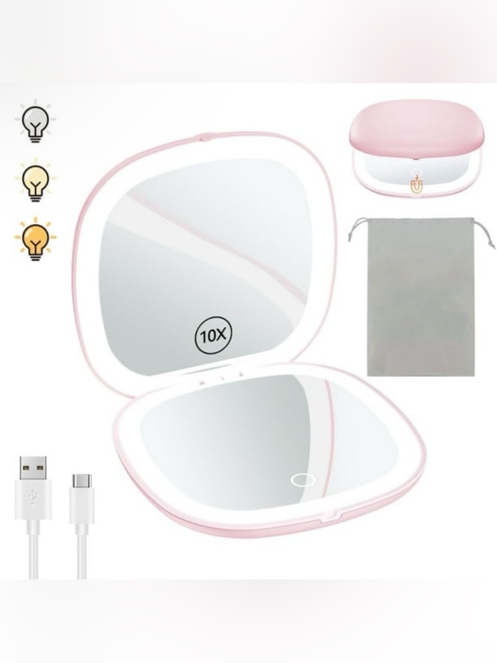 Portable Double Sided Lighted Mirror, 10x Magnifying Rechargeable - Pink